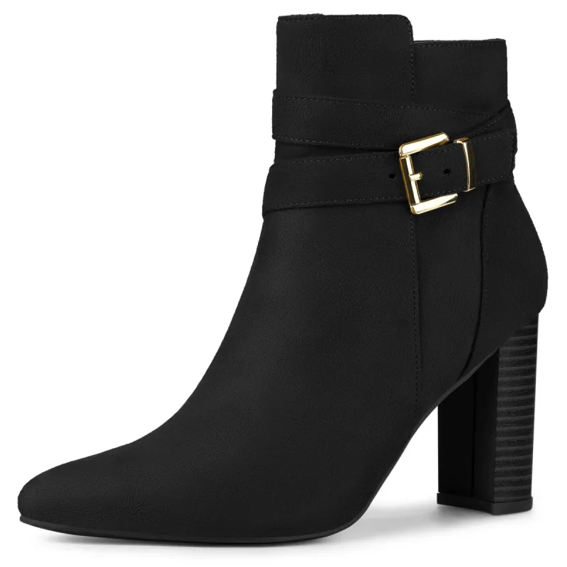 Women's Pointed Toe Buckle Decor Chunky Heel Ankle Boots sold by Allegra K