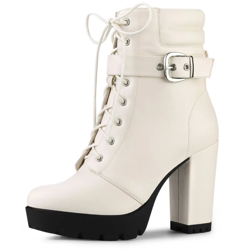 Women's Platform Buckle Lace Up Block Heel Ankle Boot sold by Allegra K