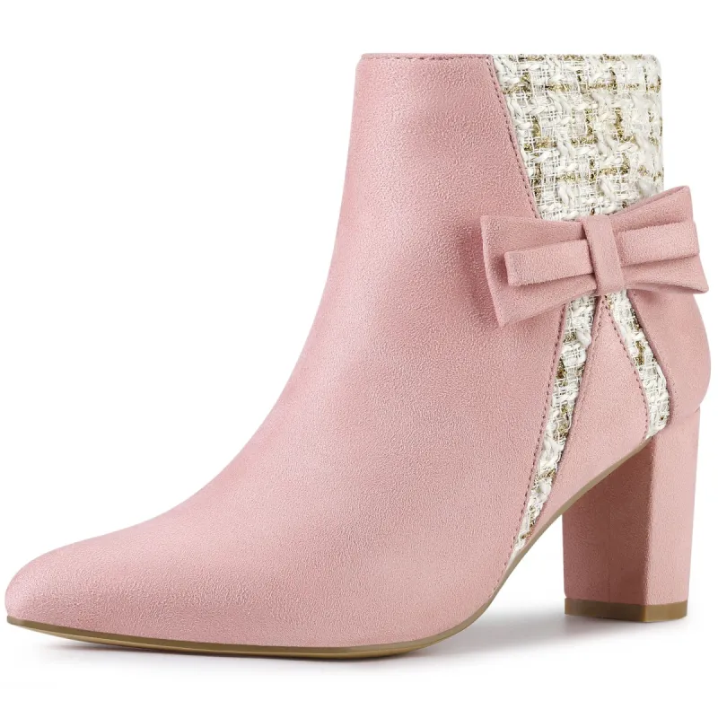 Women's Plaid Pointed Toe Block Heels Ankle Boots made by Allegra K