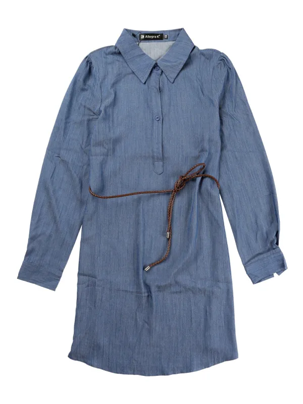 Women's Turndown Collar Puff Long Sleeve Belted Chambray Shirt Dress sold by Allegra K