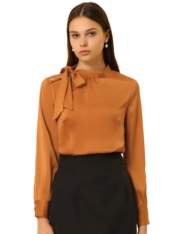 Women's Elegant Satin Shirt Bow Tie Office Work Blouses Tops sold by Allegra K