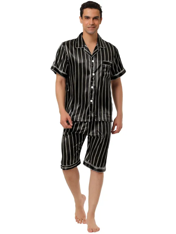 Men's Stripe Pajamas Set Summer Short Sleeve Button Down Satin Sleepwear sold by Allegra K