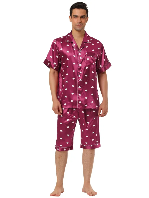 Men's Satin Pajama Set Cute Heart Print Button Down Short Sleepwear Loungewear Pjs Sets sold by Allegra K