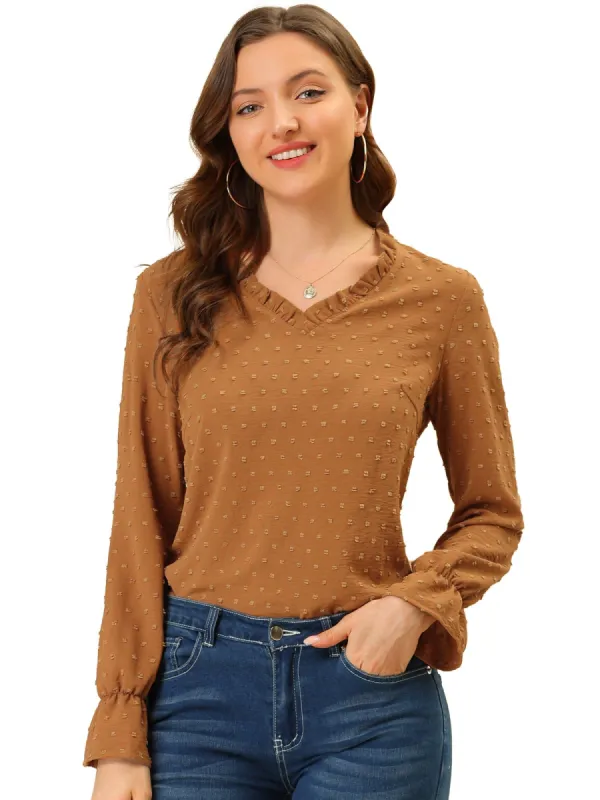 Women's V Neck Ruffled Bubble Sleeve Casual Swiss Dots T-Shirt sold by Allegra K