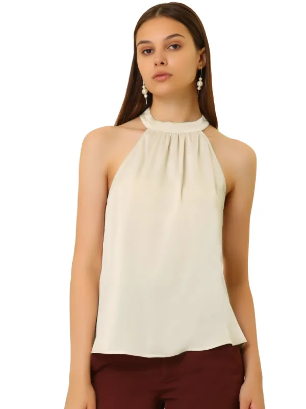 Women's Keyhole Back Sleeveless Satin Halter Tank Blouse Tops sold by Allegra K