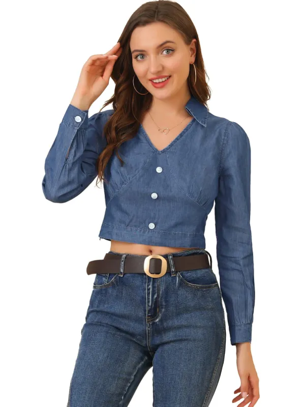 Women's Denim Top V Neck Button Cuff Button Down Blouse sold by Allegra K
