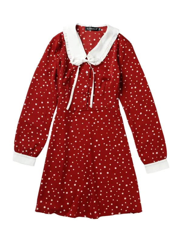 Women's Polka Dots Peter Pan Collar Contrast Long Sleeve Vintage Shirt Dress sold by Allegra K