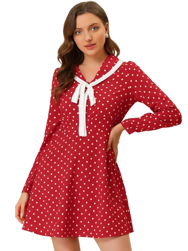 Women's Peter Pan Collar Contrast Tie Ribbon Long Sleeve Polka Dots Chiffon Mini Dress sold by Allegra K