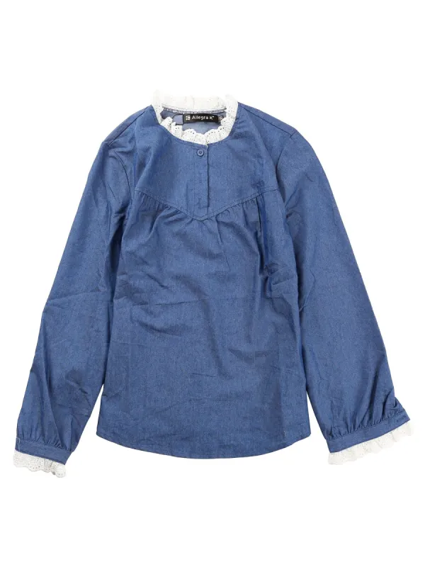 Women's Denim Lace Frill Neck Puff Long Sleeve Chambray Blouse Top sold by Allegra K