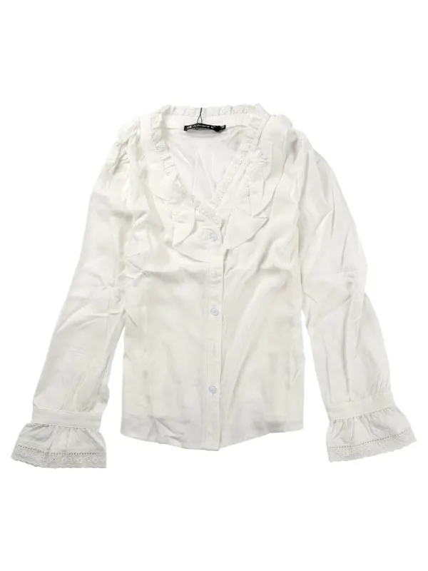 Women's Ruffled Front Long Sleeve Lace Trim V Neck Button Down Blouse Shirt sold by Allegra K