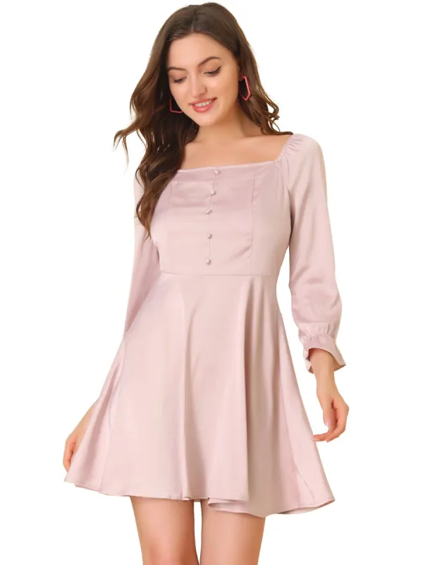Women's Ruffle Puff Sleeve Button Decor Fit and Flare Square Neck Dress sold by Allegra K
