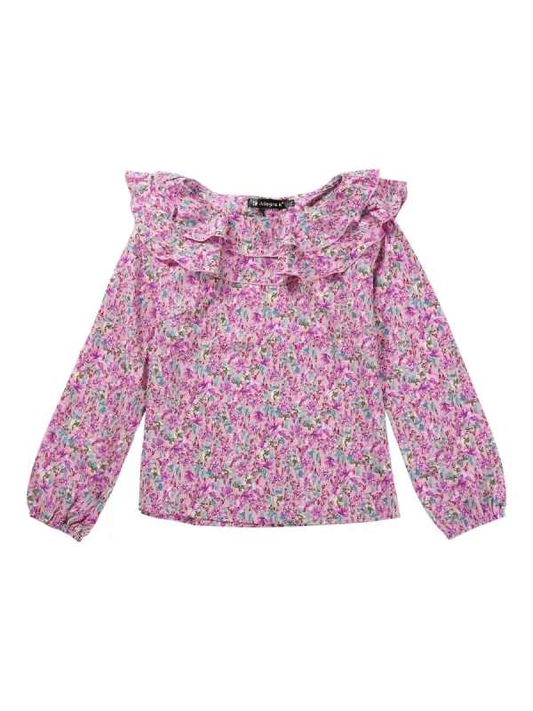 Women's Double Layer Ruffle Neck Long Puff Sleeves Floral Blouse sold by Allegra K