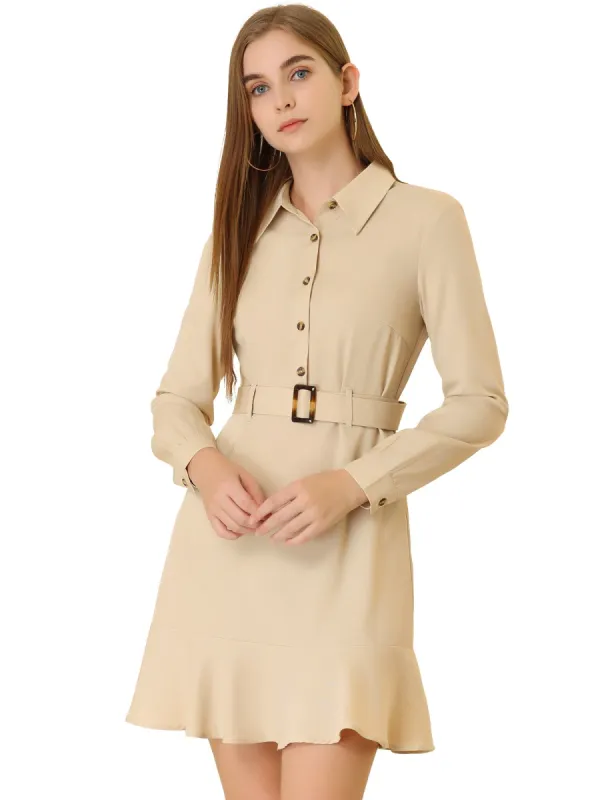 Women's Belted Ruffle Hem Point Collar Button Down Shirt Dress sold by Allegra K