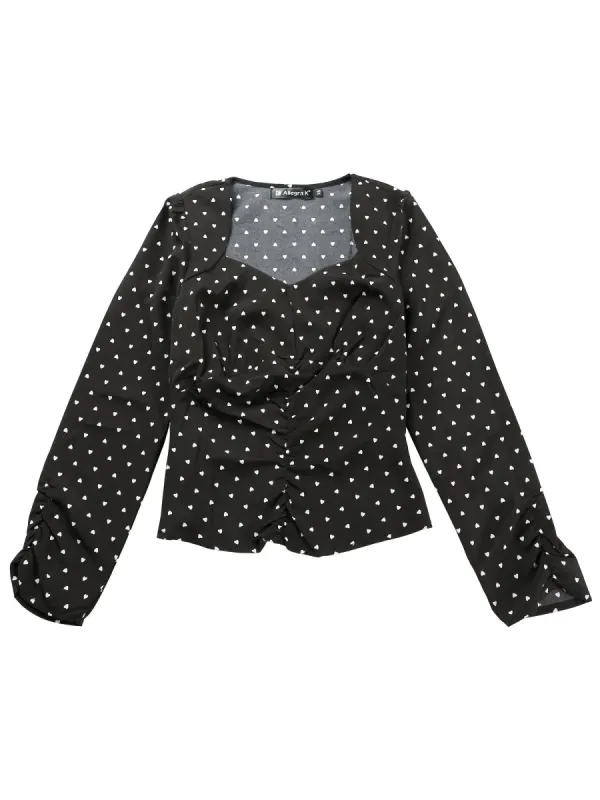Women's Vintage Long Sleeve Sweetheart Neck Fitted Ruched Front Heart Print Blouse Tops sold by Allegra K