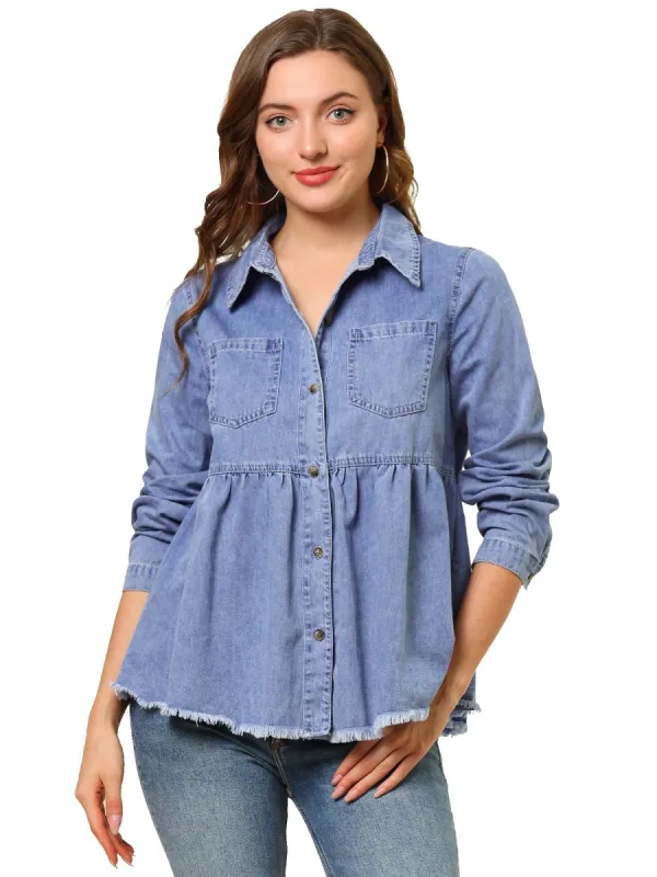 Women's Long Sleeve Peplum Button Down Denim Shirt sold by Allegra K