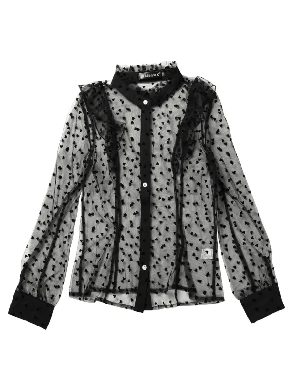 Women's See Through 3D Embroidered Heart Button Up Ruffled Collar Sexy Mesh Blouse Shirt sold by Allegra K