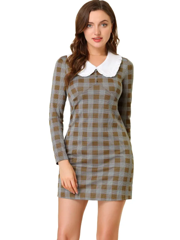 Women's Contrast Peter Pan Collar Dresses Long Sleeve Houndstooth Plaid Dress sold by Allegra K