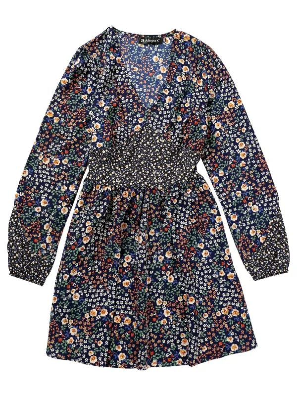 Women's Floral V Neck Long Sleeve Contrast Panel Chiffon Dress sold by Allegra K