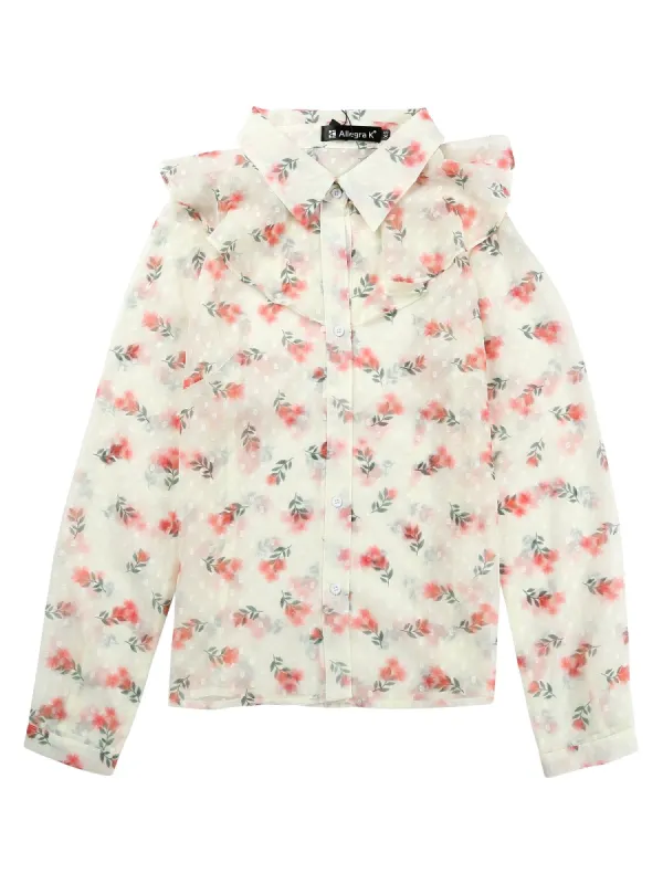 Women's Swiss Dots Ruffle Neck Shirt Sheer Long Sleeve Chiffon Floral Blouse Top sold by Allegra K