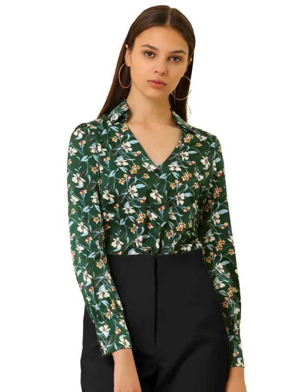 Women's Floral V Neck Button Decor Collared Smooth Retro Blouse Shirt sold by Allegra K