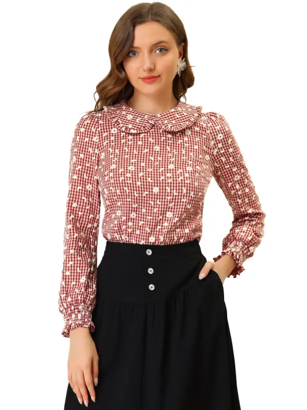 Women's Daisy Plaid Print Top  Puff Long Sleeve Ruffle Peter Pan Collar Blouse sold by Allegra K
