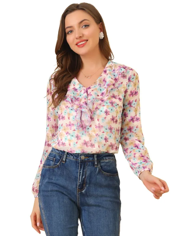Women's V Neck Floral Jacquard Semi-Sheer Sleeve Ruffled Neck Sweet Chiffon Blouse sold by Allegra K