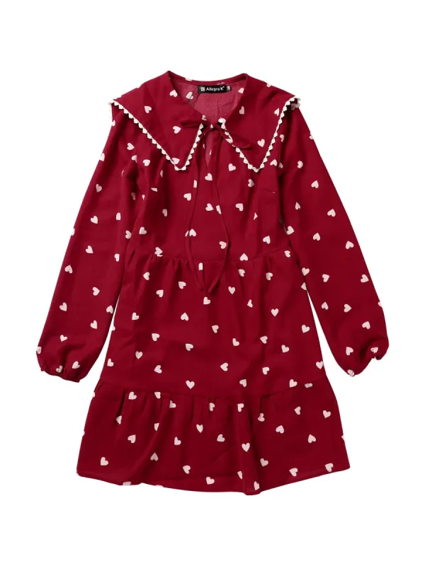 Women's Heart Pattern Doll Collar Lace Decor Long Sleeve Tiered Dress sold by Allegra K