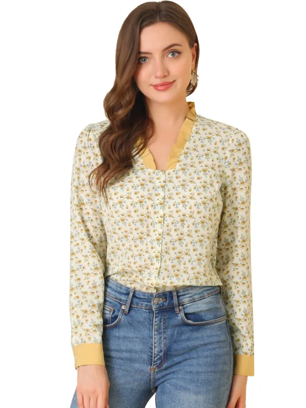 Women's V Neck Chiffon Button Front Long Sleeve Shirt sold by Allegra K