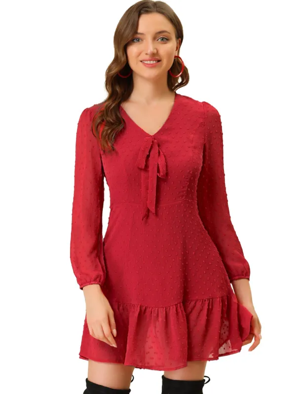 Women¡¯s Ruffle Hem Bow Tie V Neck Long Sleeve Swiss Dots Mini Dress sold by Allegra K