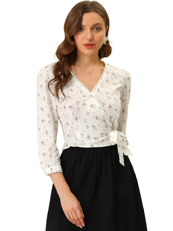 Women's Floral Print Blouse Lace Trim 3/4 Sleeve?V Neck Cotton Faux Wrap Top sold by Allegra K