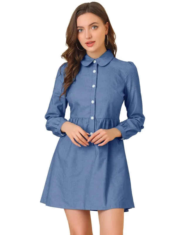 Women's Denim Peter Pan Collar Long Sleeves Button Front Shirt Dress sold by Allegra K