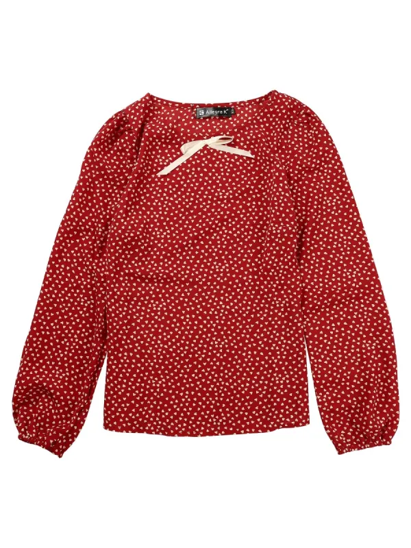 Women's Heart Print Bow Decor Valentine's Day Long Sleeves Blouse Tops sold by Allegra K