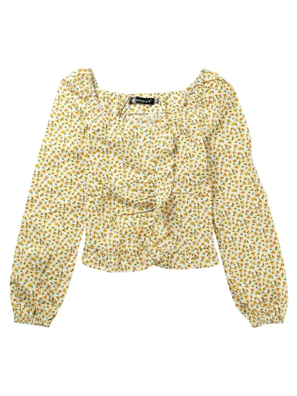 Women's Ditsy Floral Sweetheart Neck Long Sleeve Pleated Ruffle Blouse Top sold by Allegra K