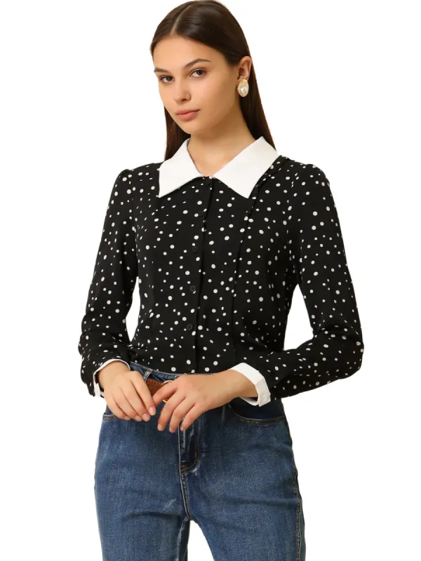 Women's Dots Contrast Collar Button Front Top Long Sleeves Peter Pan Blouse sold by Allegra K