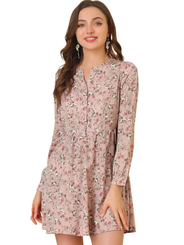 Women's Elegant Long Sleeve Half Placket V Neck Flowy Casual Floral Mini Dress made by Allegra K