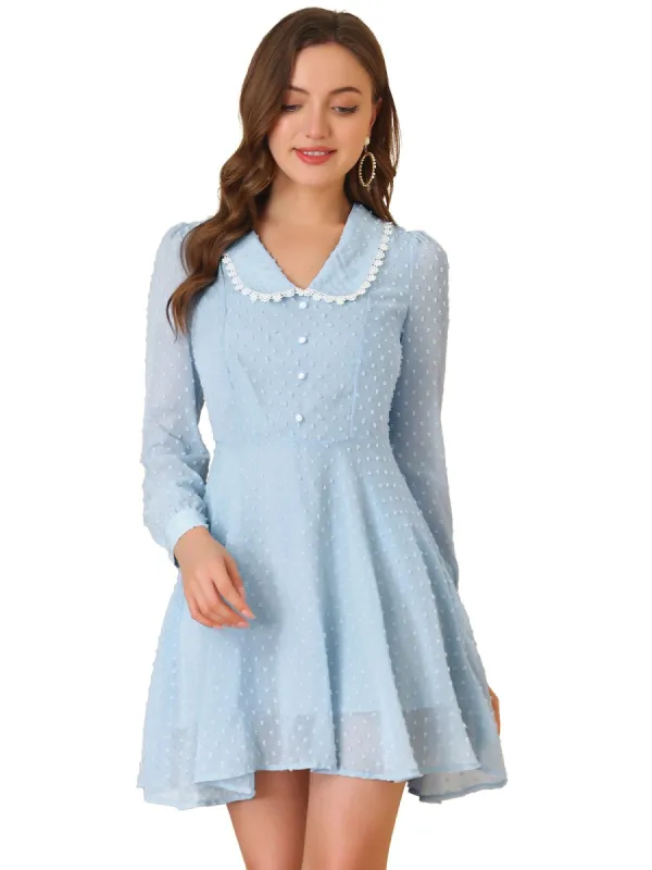 Women's Peter Pan Collar Crochet Trim Long Sleeve Swiss Dots Retro Mini Dress sold by Allegra K