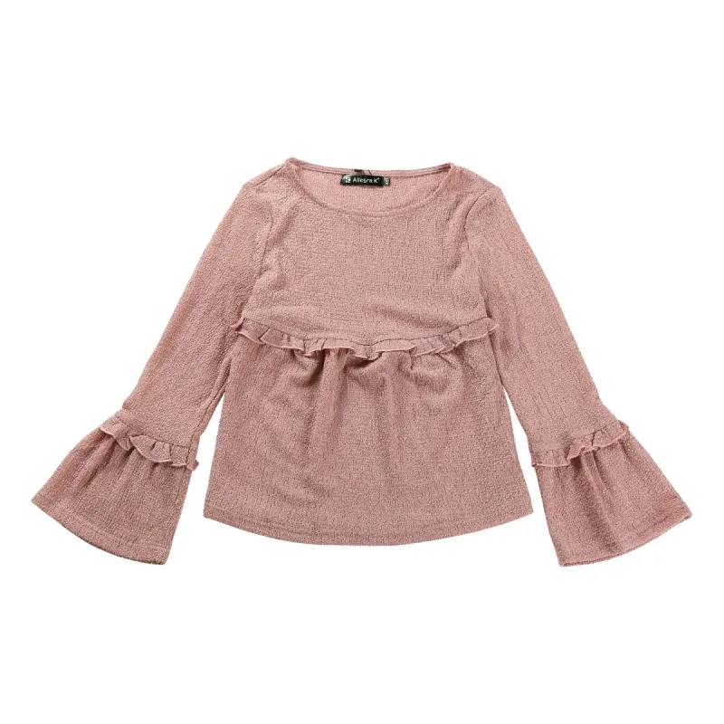 Women's Ruffle Hem Top Textured Round Neck High Waist Bell Long Sleeve Blouse sold by Allegra K