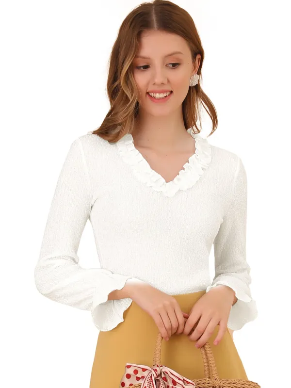 Women's Ruffle V-Neck Vintage Solid Long Bell Sleeves Blouse sold by Allegra K