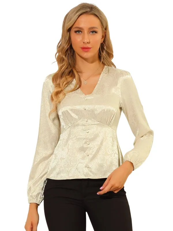 Women's Floral Print V-neck Long Sleeves Peplum Button Decor Blouse sold by Allegra K