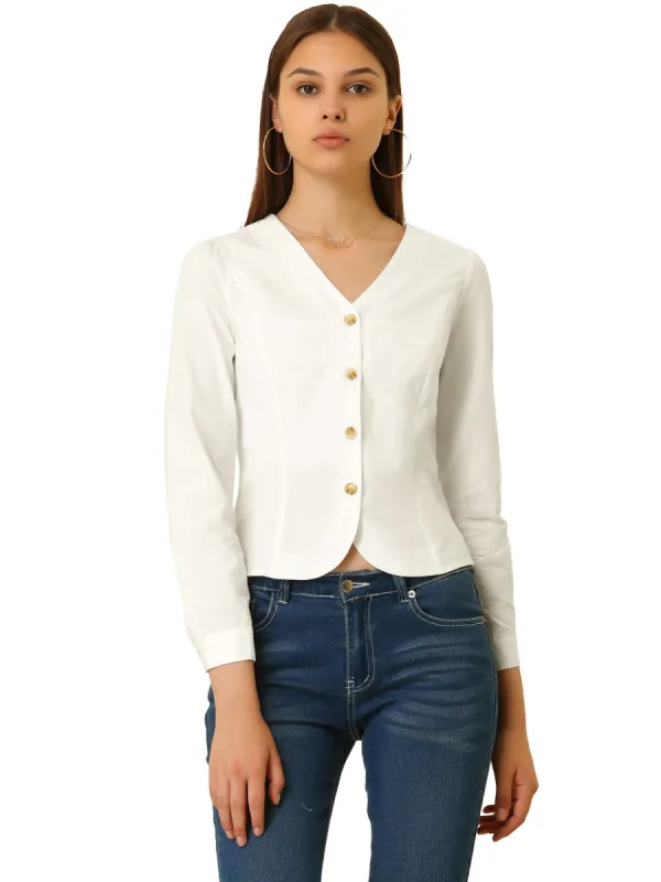 Women's V Neck Full Placket Long Sleeve Blouse sold by Allegra K