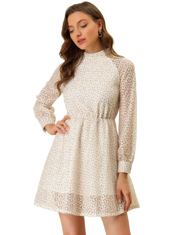 Women's Elegant Floral Lace Long Sleeve Stand Collar High Waist Flowy Dress sold by Allegra K