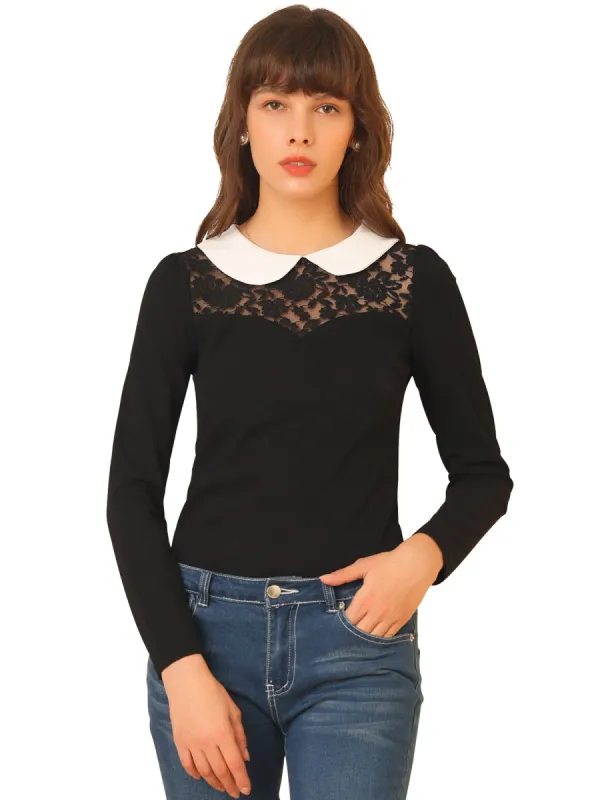 Women's Lace Panel Sweetheart Front Long Sleeves Contrast Peter Pan Collar Tops sold by Allegra K