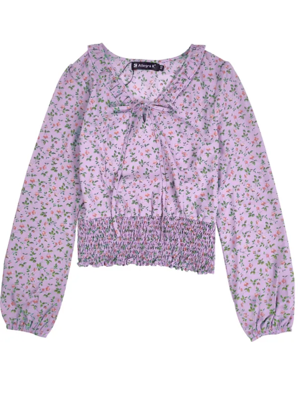 Women's Floral Tie Neck Ruffle Collar Long Sleeve Smocked Waist Top sold by Allegra K