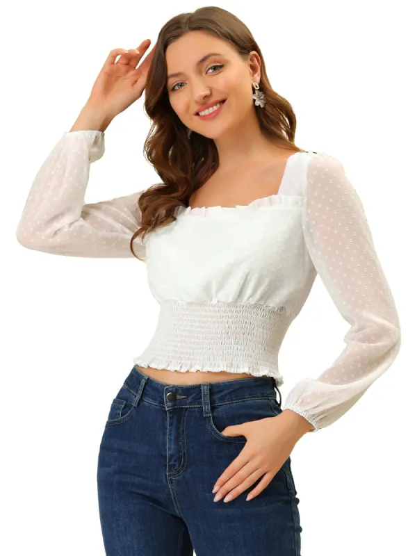 Women's Ruffle Neck Swiss Dots Semi-sheer sold by Allegra K