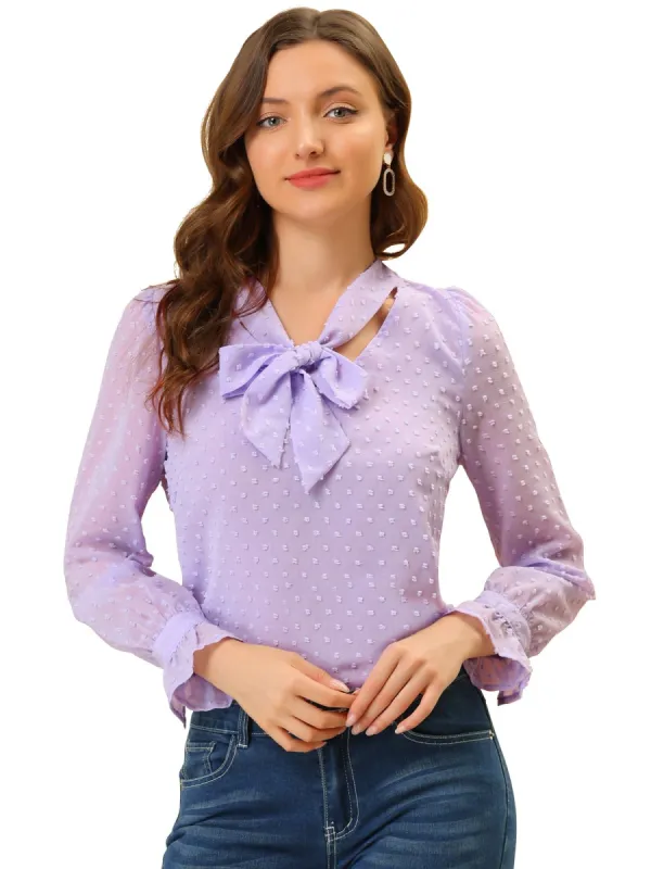 Women's  Semi-sheer Tie Neck Swiss Dots Top sold by Allegra K