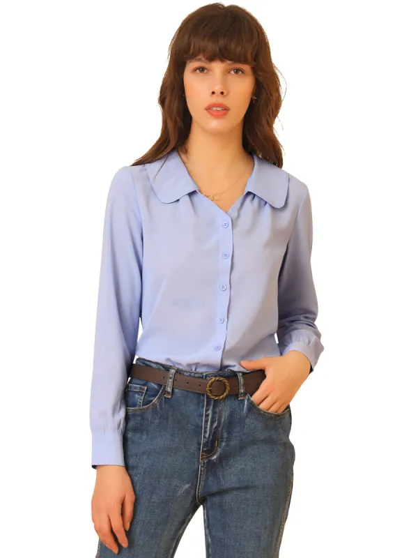 Women's Peter Pan Collar Top Button Front Elegant Chiffon Work Shirt sold by Allegra K