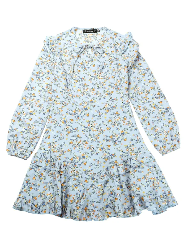 Women's Floral Printed Tie Neck A-Line Long Sleeve Ruffle Hem Mini Dress sold by Allegra K