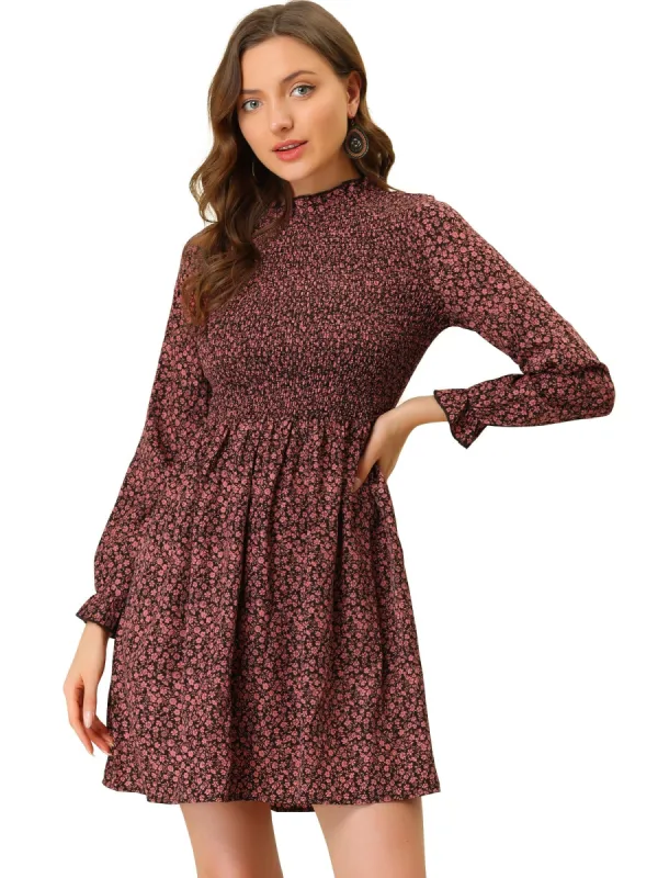 Women's Ruffle Neck Long Sleeve A-Line Smocked Floral Dress sold by Allegra K