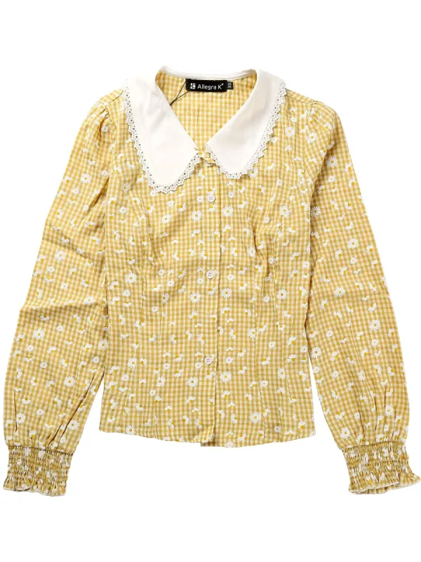 Women's Contrast Peter Pan Collar Button Front Plaid Daisy Print Blouse Top sold by Allegra K