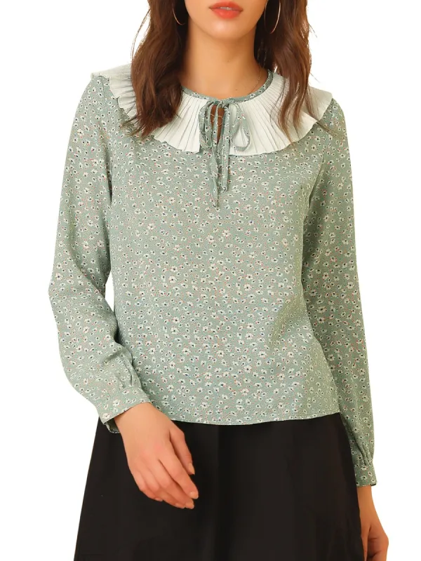 Women's Contrast Pleated Collar Long Sleeve Chiffon Floral Blouse Top sold by Allegra K